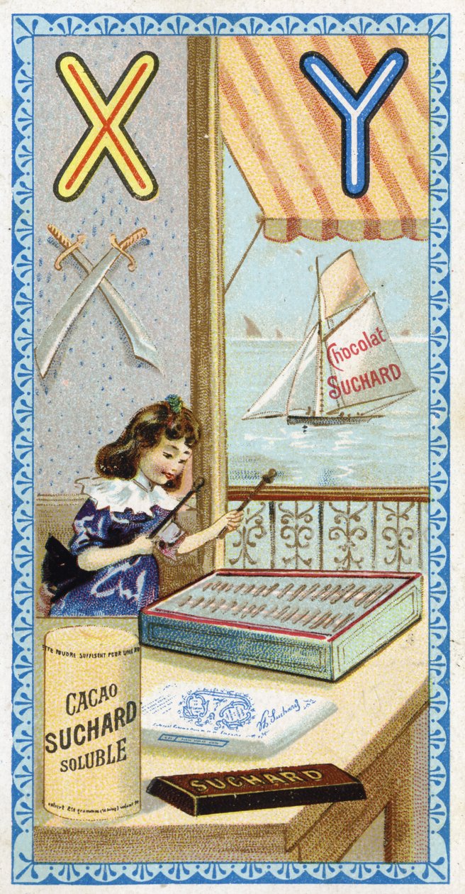 Letra X: xilofonista e Y: yatagan, iate. Gravura do Alfabeto editada por Chocolat Suchard, início do século XX. 24 cromolitógrafos representando lugares, personagens e objetos a serem descobertos na imagem. Dim: 105x55mm de Unbekannt