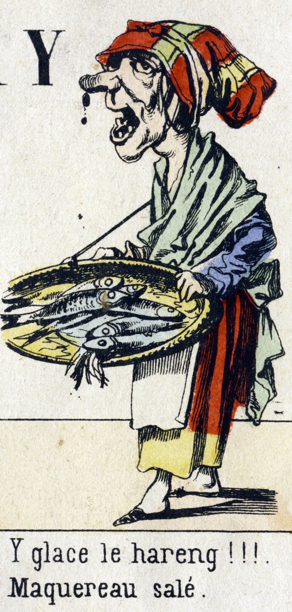 Carta Y: "Gela o arenque!!! Sarda suja". Alfabeto: "Diversão infantil". Imaging of Epinal, cerca de 1890. Série popular. Pequeno livreto de 8 páginas . Gravuras em madeira estampada sobre o tema dos pequenos metiers de rua e os gritos de Paris. de Unbekannt