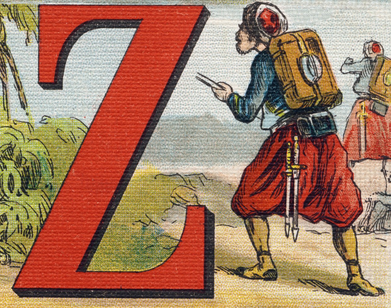 Carta Z: Zouave. Gravura em "Alfabeto de ma petite fille". Bernardin-Bechet e Fils, livreiro-editores, Paris, por volta de 1895. Álbum inquebrável em lona. Bibliotheque des Bebes. 12 páginas. Álbum contendo um método de leitura e um abeceda ilustrativo. de Unbekannt