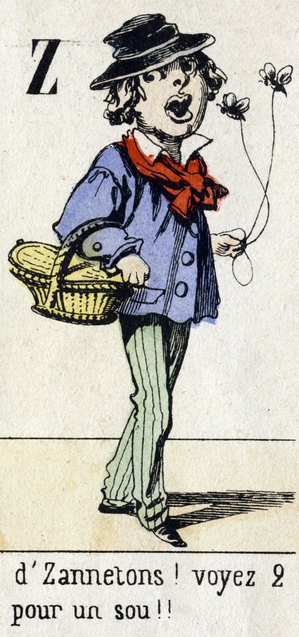 Carta Z: "por Zannetons! Veja 2 por um centavo!! "Alfabeto "Diversão infantil". Imagem de Epinal, por volta de 1890. Série popular. Pequeno livreto de 8 páginas . Gravuras em madeira estampada sobre o tema dos pequenos metiers de rua e os gritos de Paris. de Unbekannt