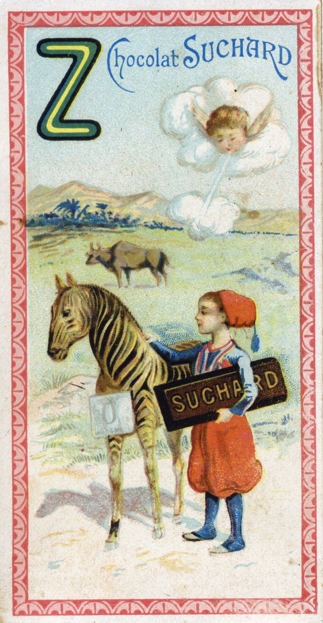 Carta Z: zephir, zouave, zebu, zebu, zebra, zero. Gravura do Alfabeto editada por Chocolat Suchard, início do século XX. 24 cromolitógrafos representando lugares, personagens e objetos a serem descobertos na imagem. Dim: 105x55mm de Unbekannt