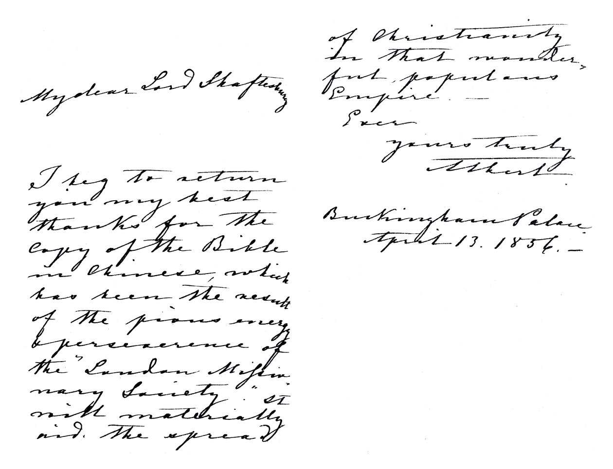 Carta de Albert, Príncipe Consorte, a Anthony Ashley-Cooper, Conde de Shaftesbury, agradecendo-lhe por uma cópia da Bíblia em chinês, escrita do Palácio de Buckingham de Unbekannt