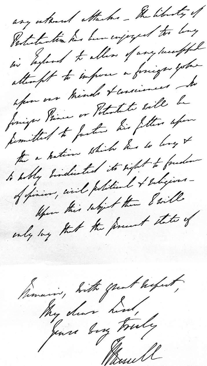 Carta do Primeiro Ministro Lord John Russell ao Bispo de Durham, denunciando a agressão do Papa ao estabelecer bispados católicos romanos na Inglaterra, escrita em Downing Street, 4 de Novembro de Unbekannt