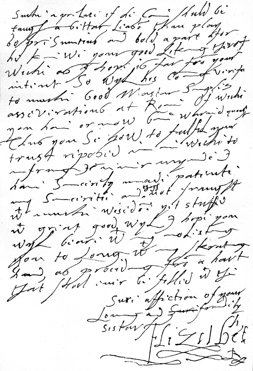 Carta da Rainha Isabel I ao Rei James VI da Escócia (mais tarde James I da Inglaterra), escrita 11 semanas antes da sua morte, na qual ela faz uma auto-referência depreciativa à sua pobre caligrafia 