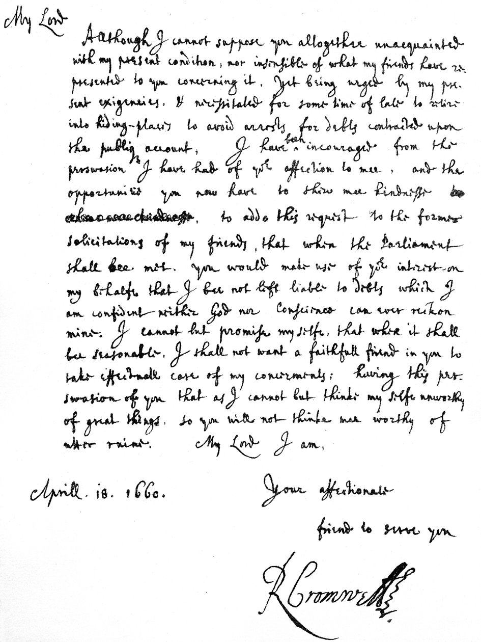 Carta de Richard Cromwell a George Monck, relatando que suas "exigências atuais" estavam forçando-o a "se aposentar em esconderijos para evitar prisão por dívidas contraídas por conta do público" e pedindo ajuda, 18 de abril de Unbekannt