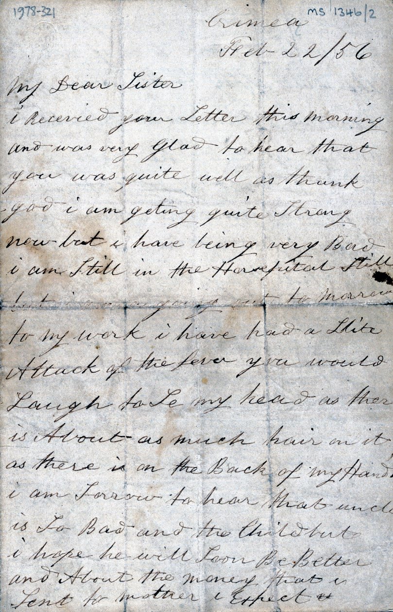 Carta de um soldado da Crimeia à sua irmã, 22 de Fevereiro de 1856 de Unbekannt