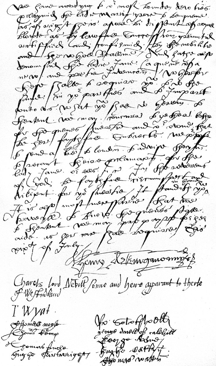 Carta dos apoiantes da Rainha Maria I em Kent a Sir Nicholas Pelham e aos senhores de Sussex, anunciando a proclamação da Senhora Maria como Rainha e denunciando a Senhora Jane Grey de Unbekannt