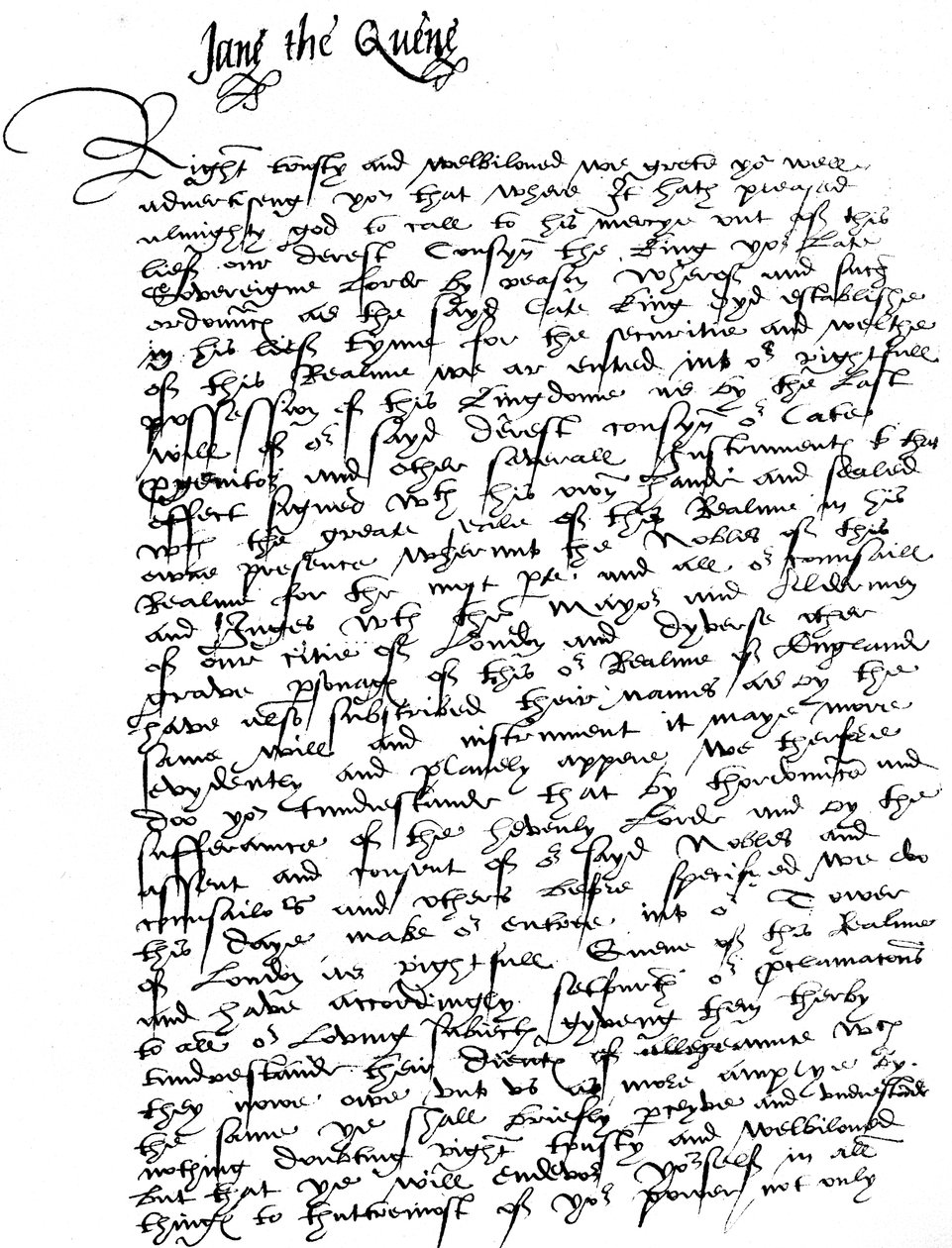 Carta assinada por Lady Jane Grey, a William Parr, Marquesa de Northampton, anunciando sua adesão como Rainha e pedindo sua lealdade e assistência contra Lady Mary, 