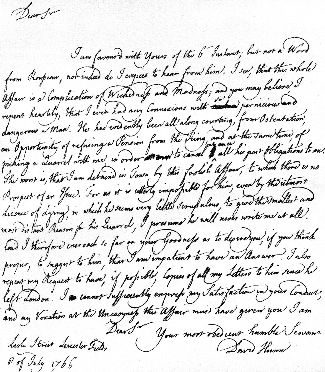 Carta escrita por David Hume a Richard Davenport referindo-se às grandes dificuldades da sua relação com Jean-Jacques Rousseau, à recusa de Rousseau em aceitar uma pensão e às suas desavenças com Hume, 8 de Julho de Unbekannt