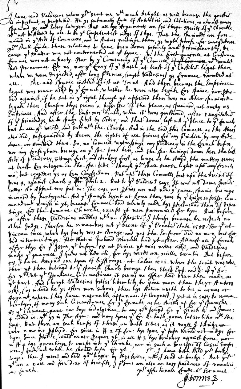 Carta escrita por John Donne a Sir Robert Cotton, devolvendo, com críticas, uma cópia do tratado "De Dignitate regum regnorumque Hispaniae" de Jacobus Valdesius (Diego de Valdes) sobre a precedência da Espanha sobre outras nações de Unbekannt
