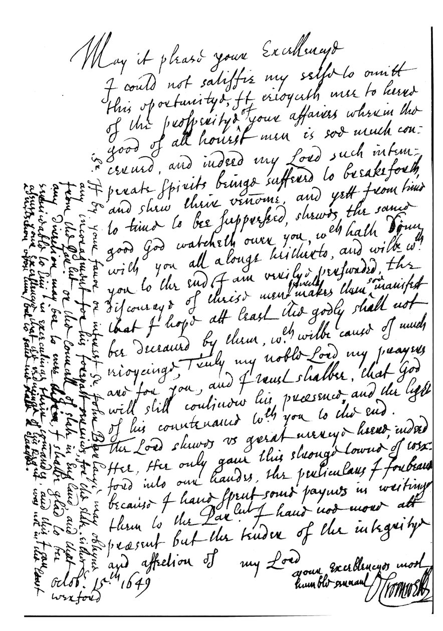 Carta escrita por Oliver Cromwell a Lord Fairfax para felicitá-lo pela sua prosperidade e para anunciar a captura de Wexford, Irlanda de Unbekannt