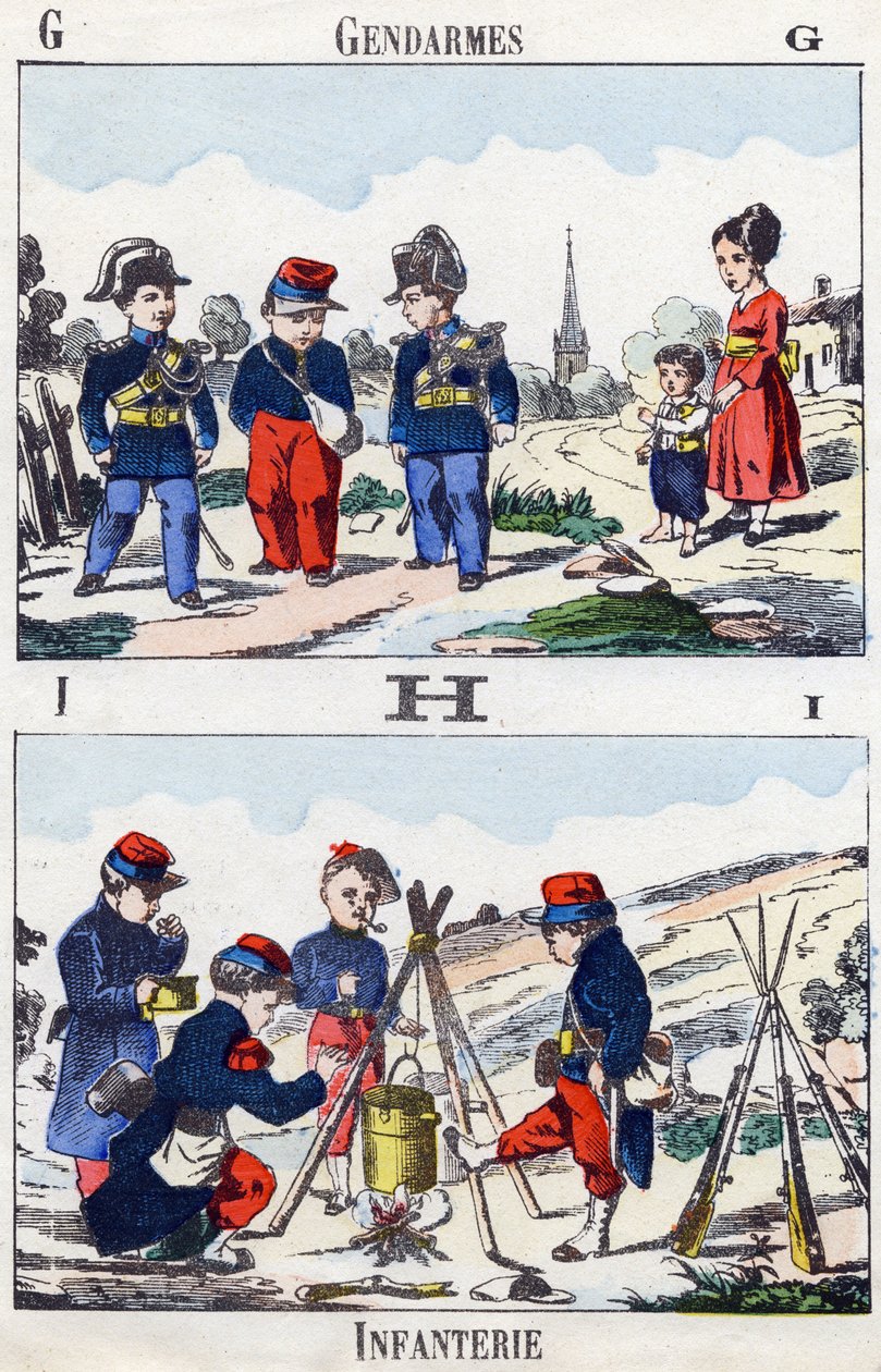 Cartas G H I: Gendarmes e Infantaria. Gravura em "Alfabeto militante enfantin". Imagem de Pont-a-Mousson, por volta de 1890. 20 páginas. Dim: 28,5x21cm. de Unbekannt
