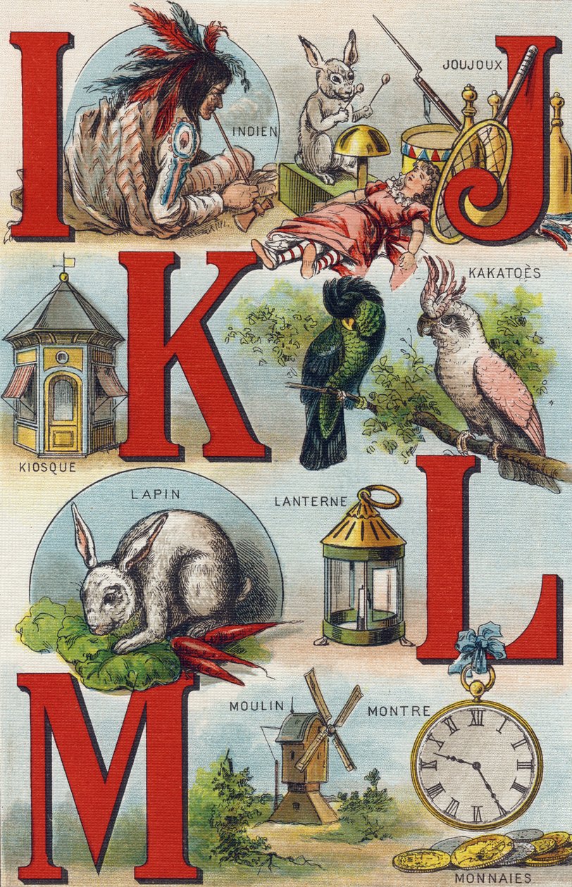 Cartas I J K L; Indiano; Joujoux; Kakatoes; Kiosk; Lanterna; Coelho; Moedas de relógio; Moinho. Gravura em "Alfabeto de ma petite fille". Bernardin-Bechet e Fils, livreiro-editores, Paris, por volta de 1895. Álbum inquebrável em lona. Bibliotheque des Bebe de Unbekannt