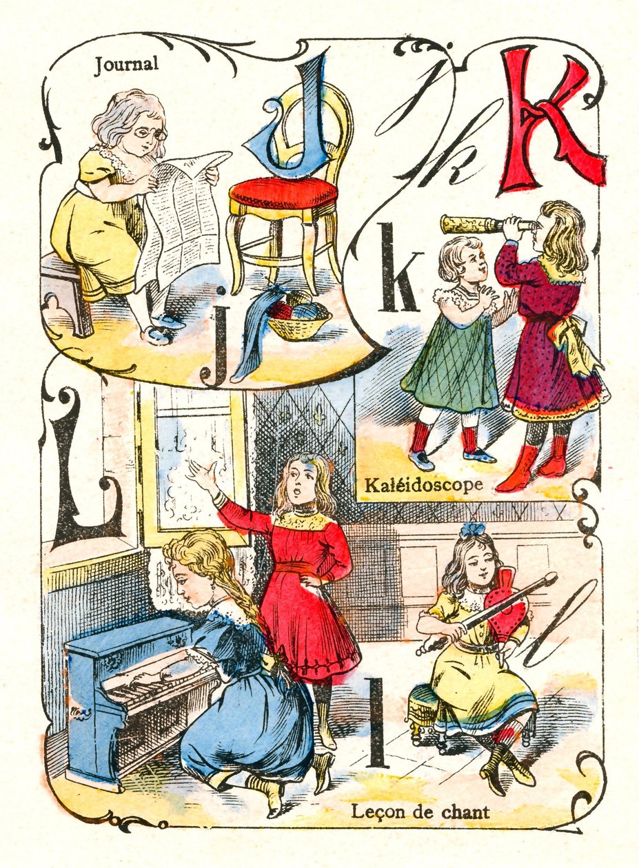 Cartas J K e L como diário, caleidoscópio e leão cantante. Gravura em "Alfabeto da Diversão". Imagem de Pont-a-Mousson . Impressão e publicação de Louis Vagne, final do século XIX. de Unbekannt