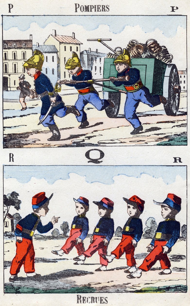 Cartas P Q R: Bombeiros e Recrutas. Gravura em "Alfabeto militante enfantin". Imagem de Pont-a-Mousson, cerca de 1890. 20 páginas. Dim: 28,5x21cm de Unbekannt