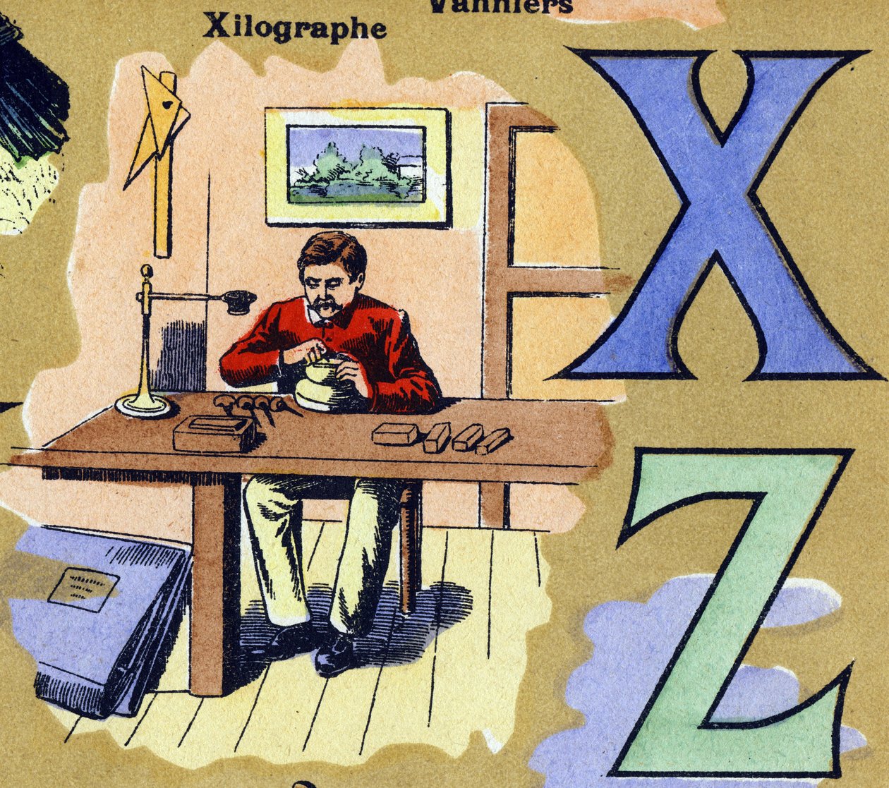 Cartas X e Z como xilógrafo . Engraver a fazer xilogravuras. Alfabeto ilustrado. Imagens reunidas em Jarville-Nancy, início do século XX. Dim: 40 x 29 cm. Litografia sobre fundo de bistre. de Unbekannt