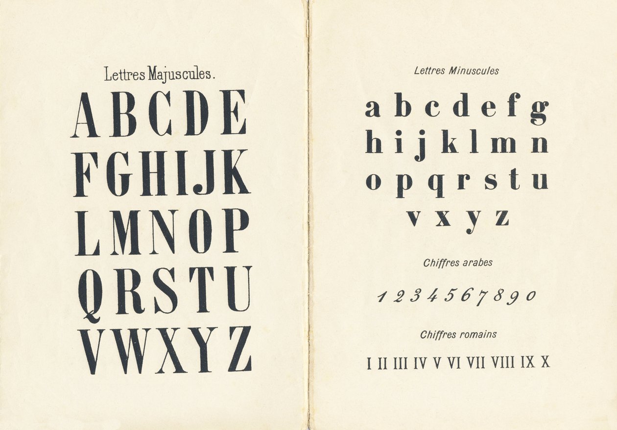 Letras maiúsculas, letras pequenas, algarismos árabes e romanos - Gravura extraída de ABCD des petites filles. Pellerin & Cie, gráfica editora, Epinal, por volta de 1890. Serie A. Dimensões : 19 x 13,5 cm. de Unbekannt