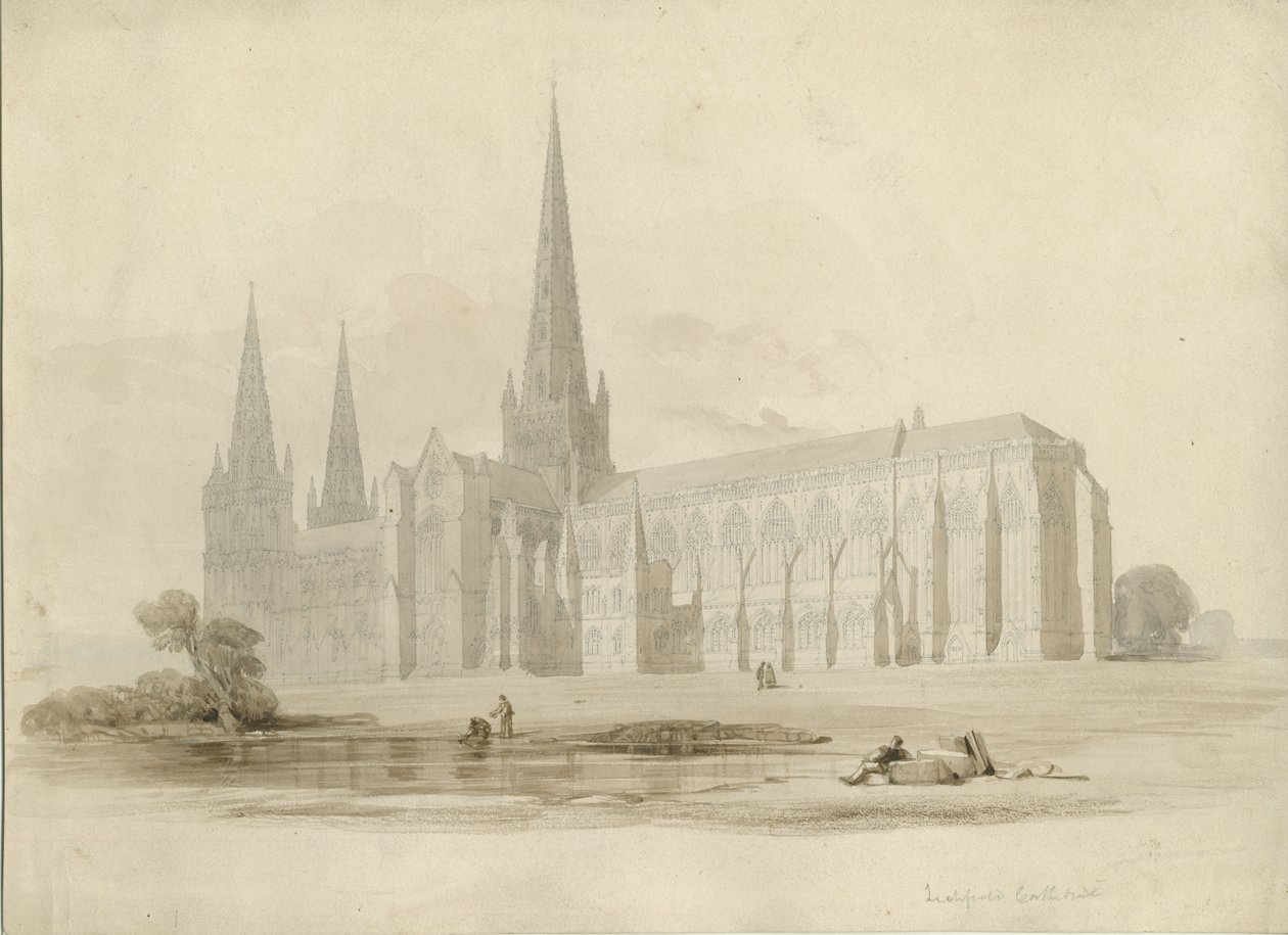 Catedral de Lichfield - Sudeste Vista: desenho e lavagem, séc. de Unbekannt