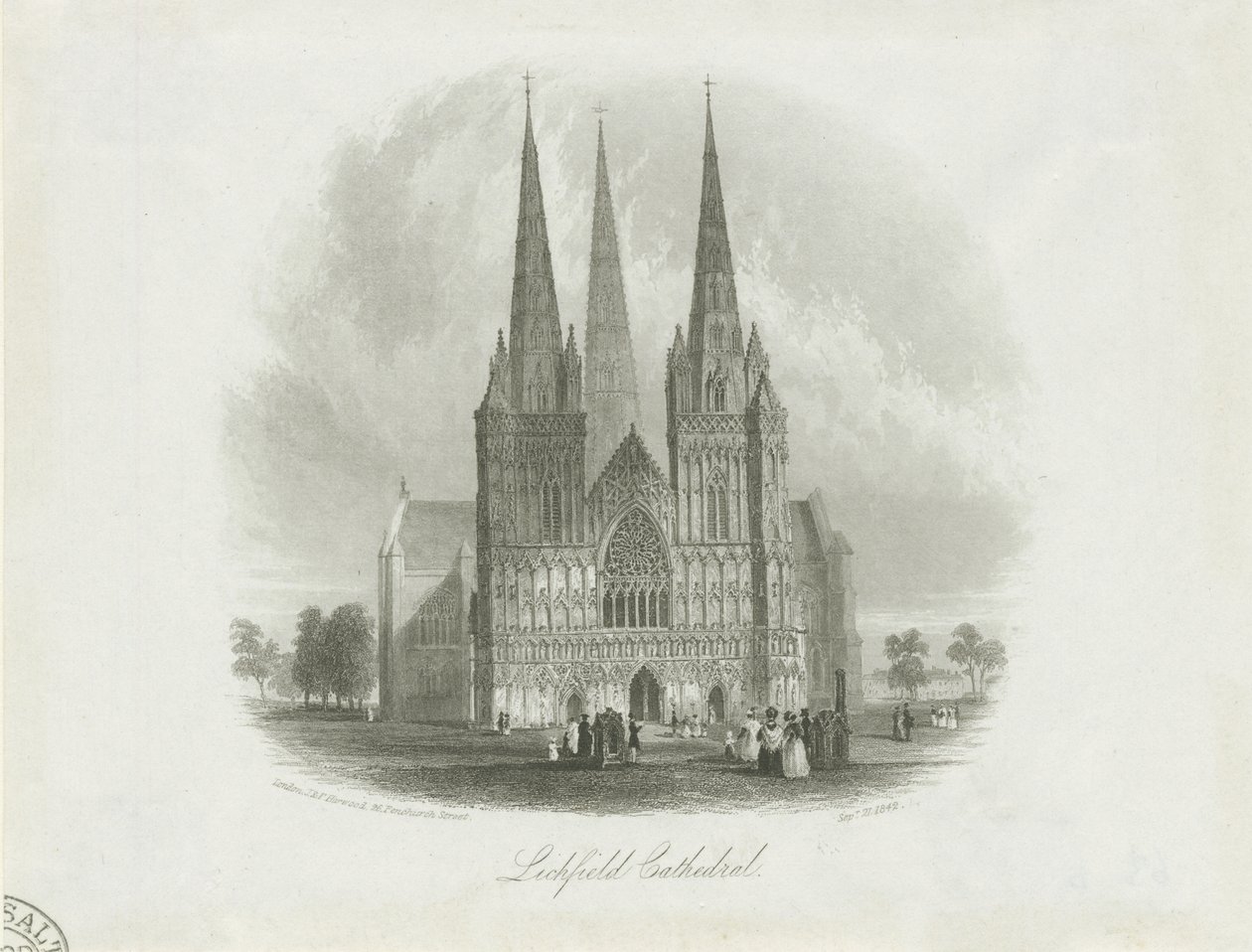 Catedral de Lichfield - Frente Oeste: gravura em aço, nd [c 1842] de Unbekannt