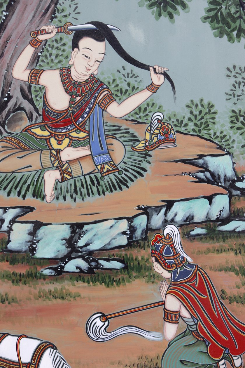 Vida de BuddhaFar do palácio, o Príncipe Siddartha trocou suas roupas finas por trapos e cortou seu cabelo comprido, Seul, Coree du Sud de Unbekannt