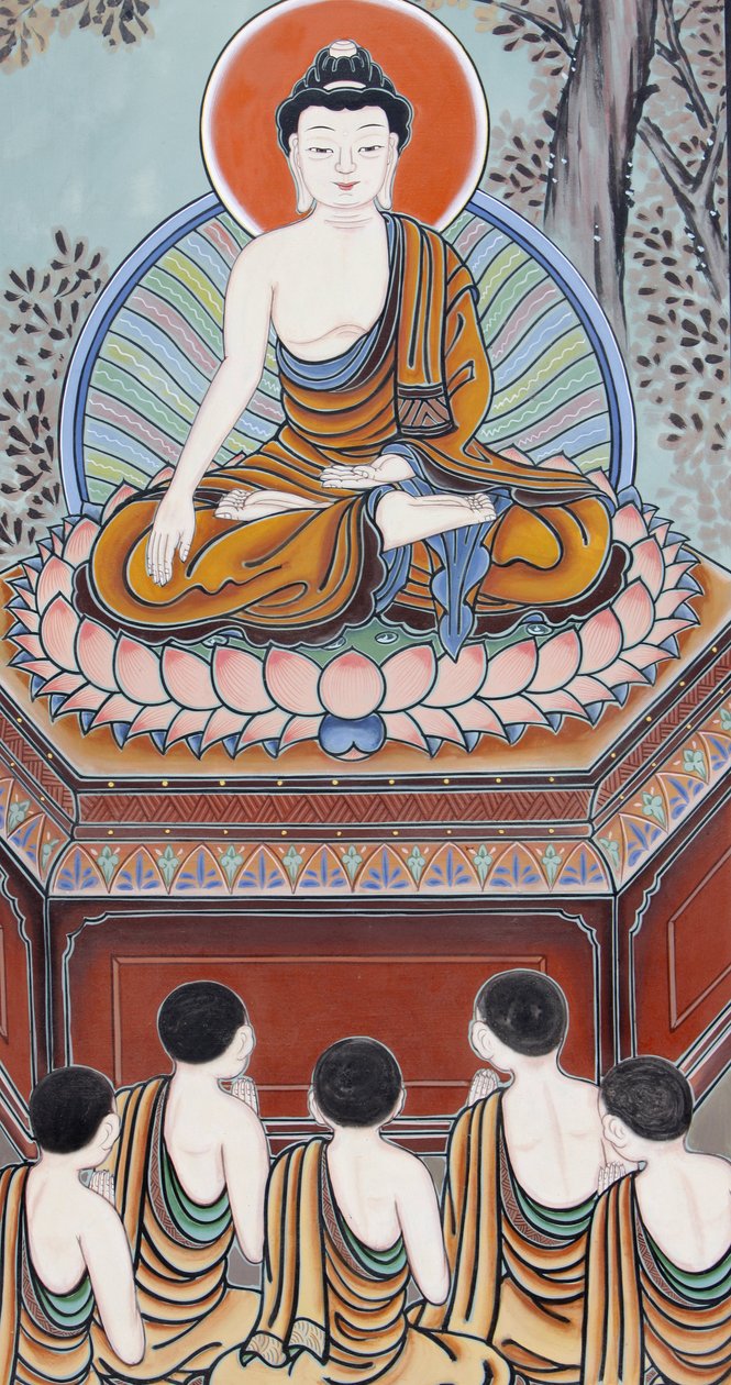 Vida de Buda Como Buda, um Buda desperto, ele voltou para ensinar aos seus cinco companheiros praticantes a Nobre Verdade da Insatisfação, a Nobre Verdade da Causa (Anseio), a Nobre Verdade da Cessação, e o Nobre Caminho de 8 vezes que leva à cessação de Unbekannt
