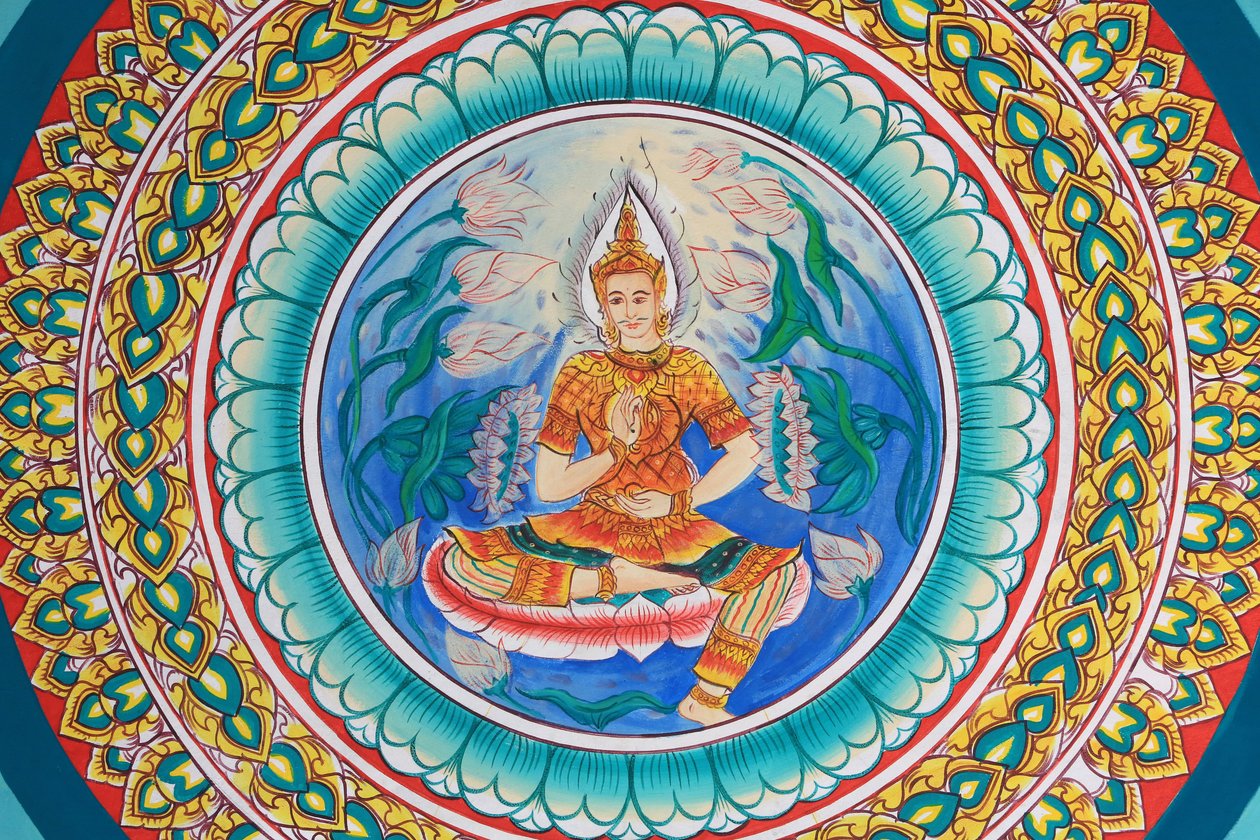 Vida de Buda. Obras de arte de tecto retratando a vida de Buda. Wat Inpeng. Ventiana. Laos, 20151029, Vientiane, Laos de Unbekannt