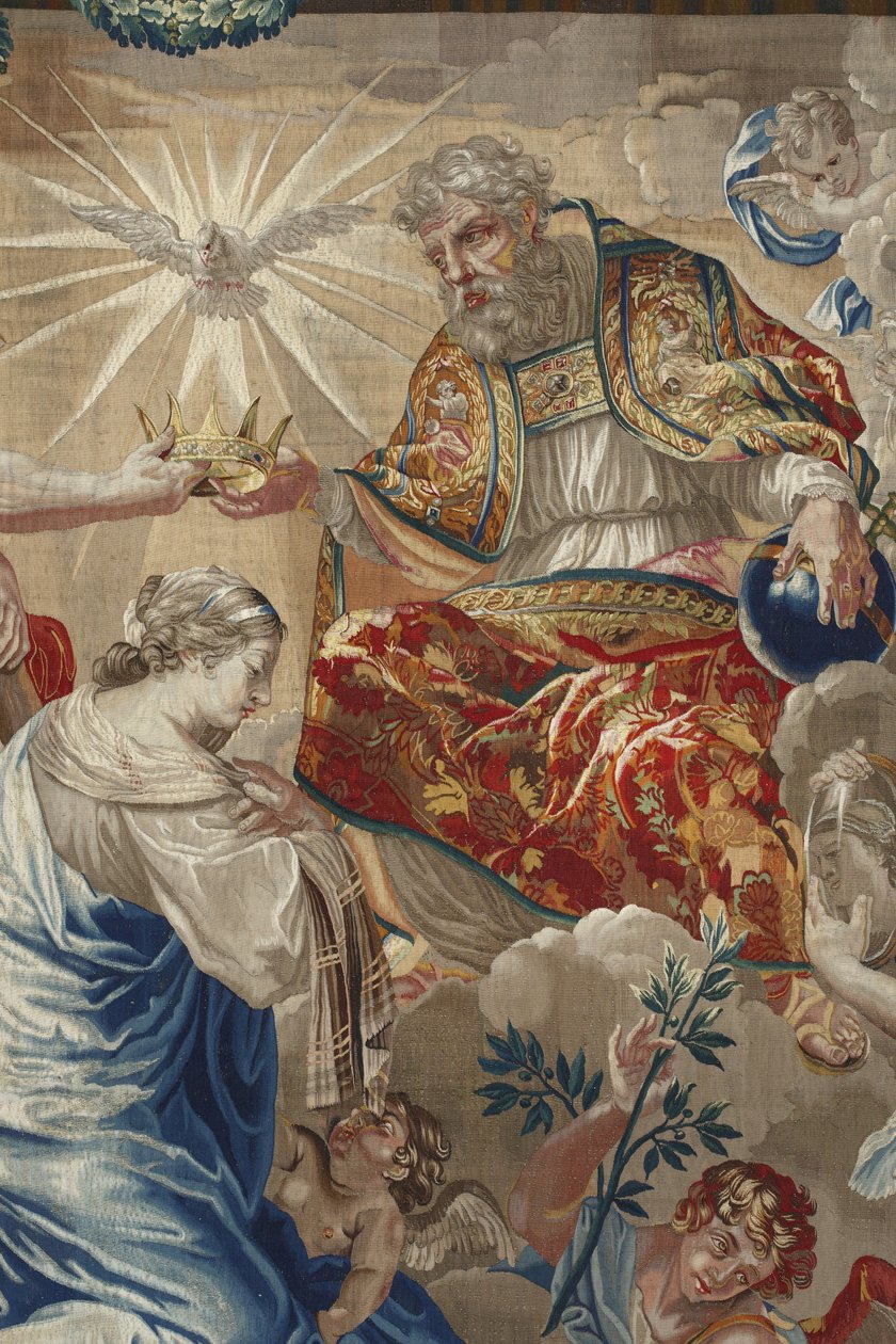 A vida da Virgem: "Coroação da Virgem" Detalhe representando Deus e a pomba do Espírito Santo (Espírito Santo) sobre a Virgem - Tapeçaria de lã e seda feita na oficina de Pierre Damour a partir dos desenhos de Charles Poerson (1609-1667) de Unbekannt