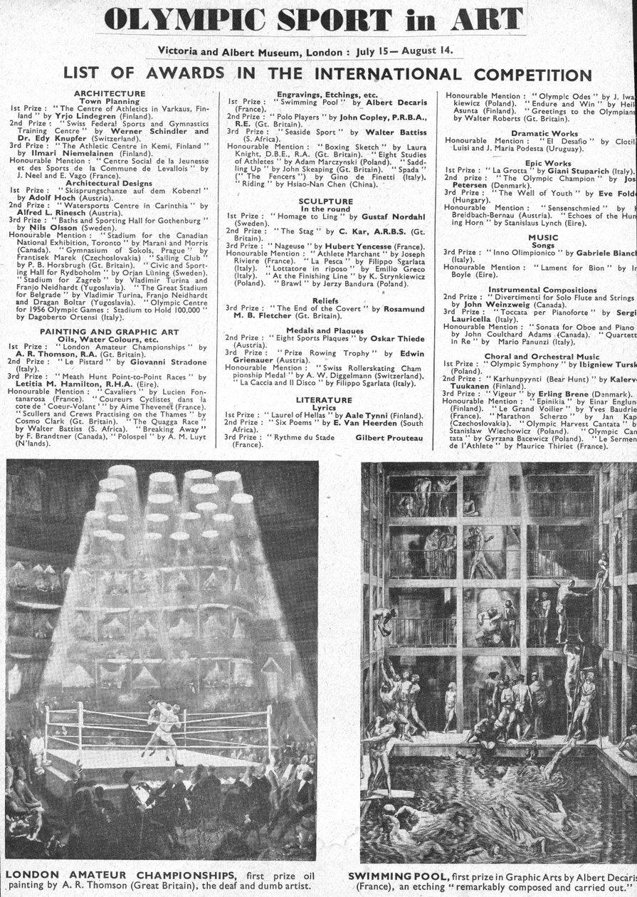 Lista dos Vencedores dos Prémios de Arquitectura, Arte, Escultura, Literatura, Drama e Música nas Olimpíadas de Londres de 1948 (litho) de Unbekannt