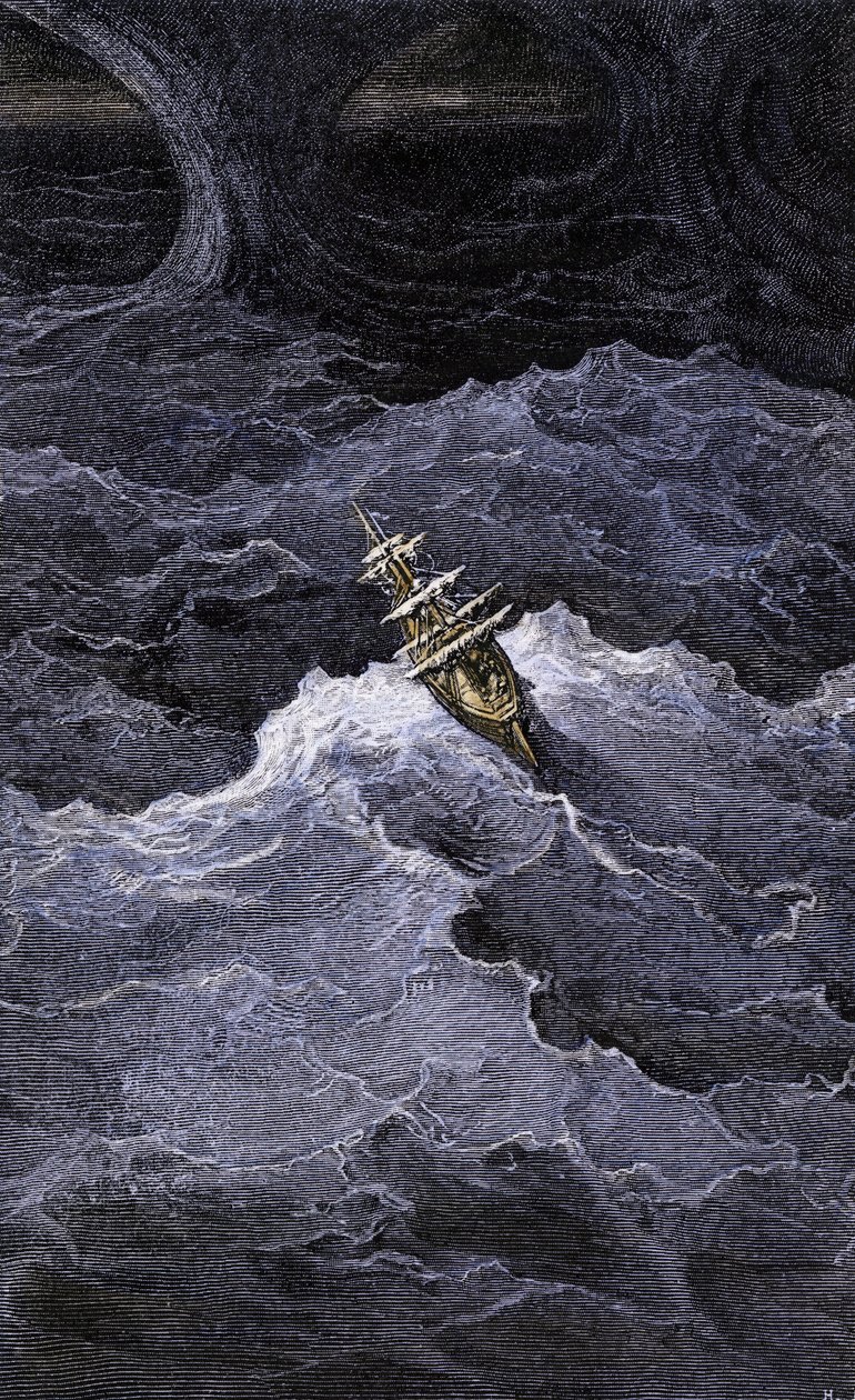 Literatura: Barco no meio do mar. Ilustração do romance de Samuel Taylor Coleridge (1772-1834) "Rime of the Ancient Mariner". Gravura a cores segundo uma ilustração de Gustave Dore. de Unbekannter Künstler