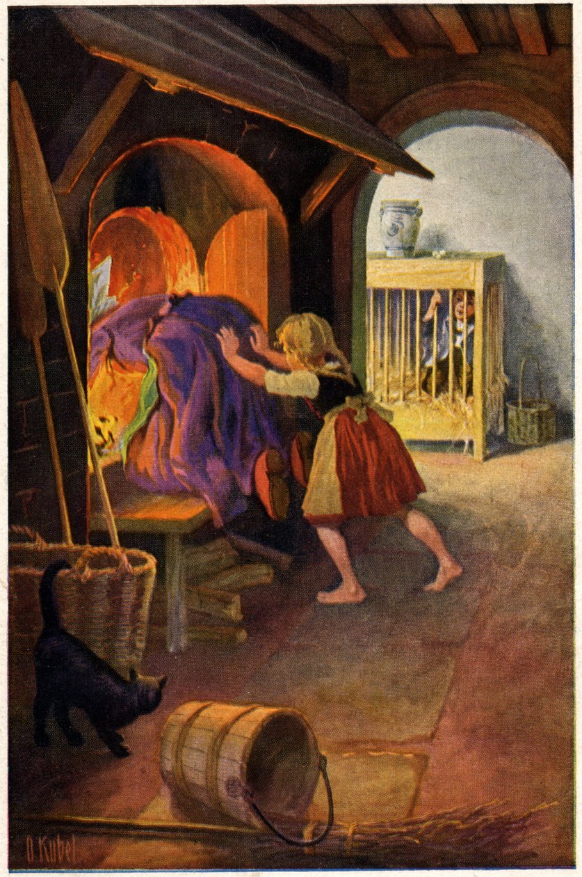 Literatura. Conto de Fadas. Hansel e Gretel e a bruxa. Ilustração de Otto Kubel para o conto dos irmãos Grimm. Postal, Alemanha, c.1900 (cartão postal) de Unbekannter Künstler
