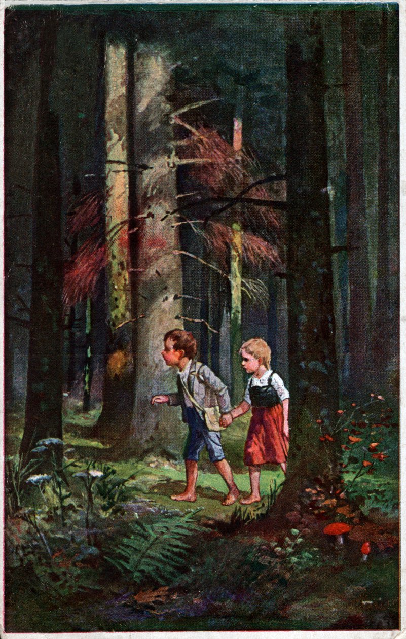 Literatura. Contos de Fadas. Hansel e Gretel perdidos na floresta. Ilustração de Otto Kubel para o conto dos irmãos Grimm. Cartão postal, Alemanha, c.1900. de Unbekannter Künstler