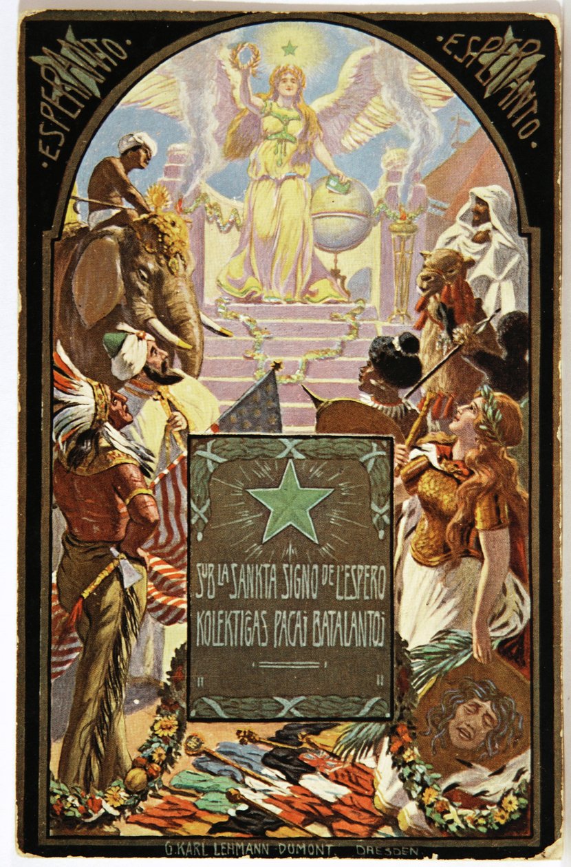 Literatura. Linguística. Alegoria do Esperanto (língua comum europeia.) Postal, Hungria de Unbekannter Künstler