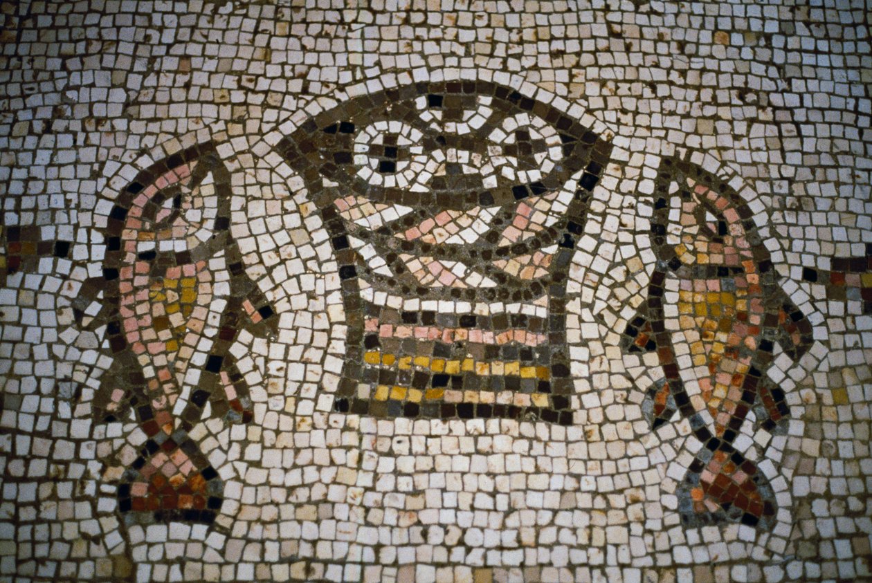 Pães e peixes, mosaico na igreja da Multiplicação, século IV, Tabgha, Israel de William M. Timlin