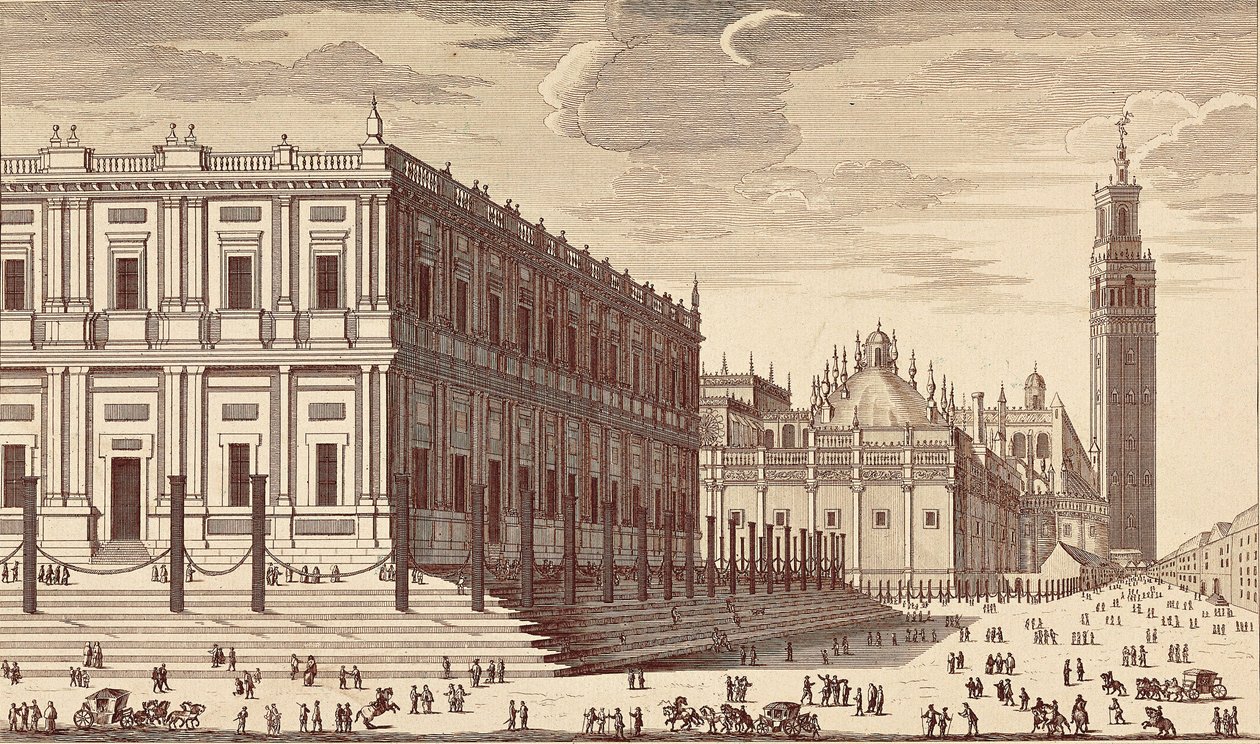 Lonja de Comercio ("Edifício do Comércio") e vista parcial da Catedral de Sevilha. Gravura. ESPANHA. MADRID (COMUNIDADE AUTÓNOMA). Madrid. Biblioteca Nacional de Unbekannter Künstler