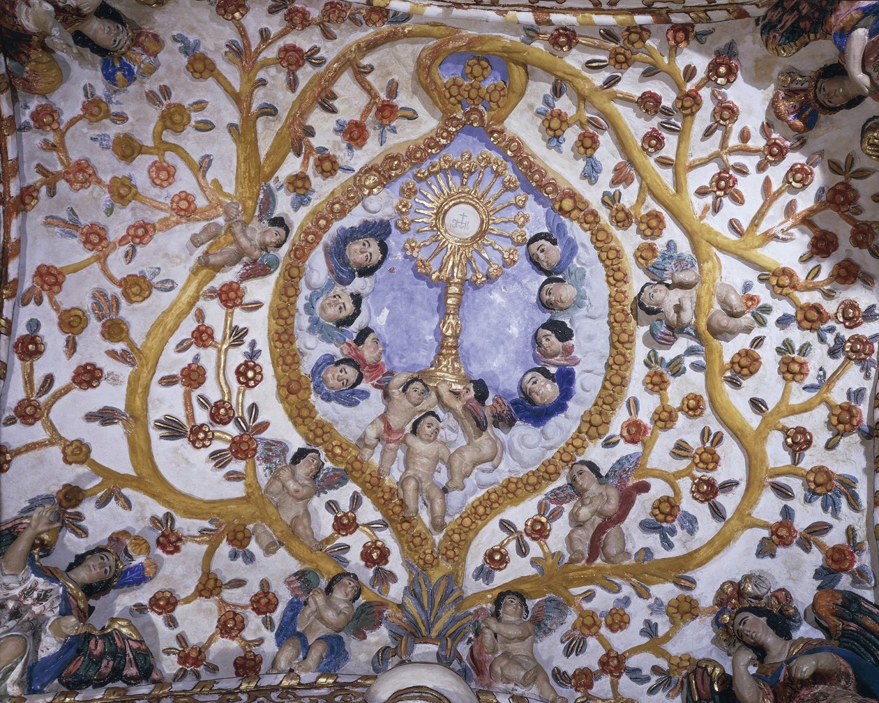 Vista de baixo ângulo de um mural na cúpula de uma igreja, Igreja de Santo Domingo, Oaxaca, Estado de Oaxaca, México de Benjamin Baud