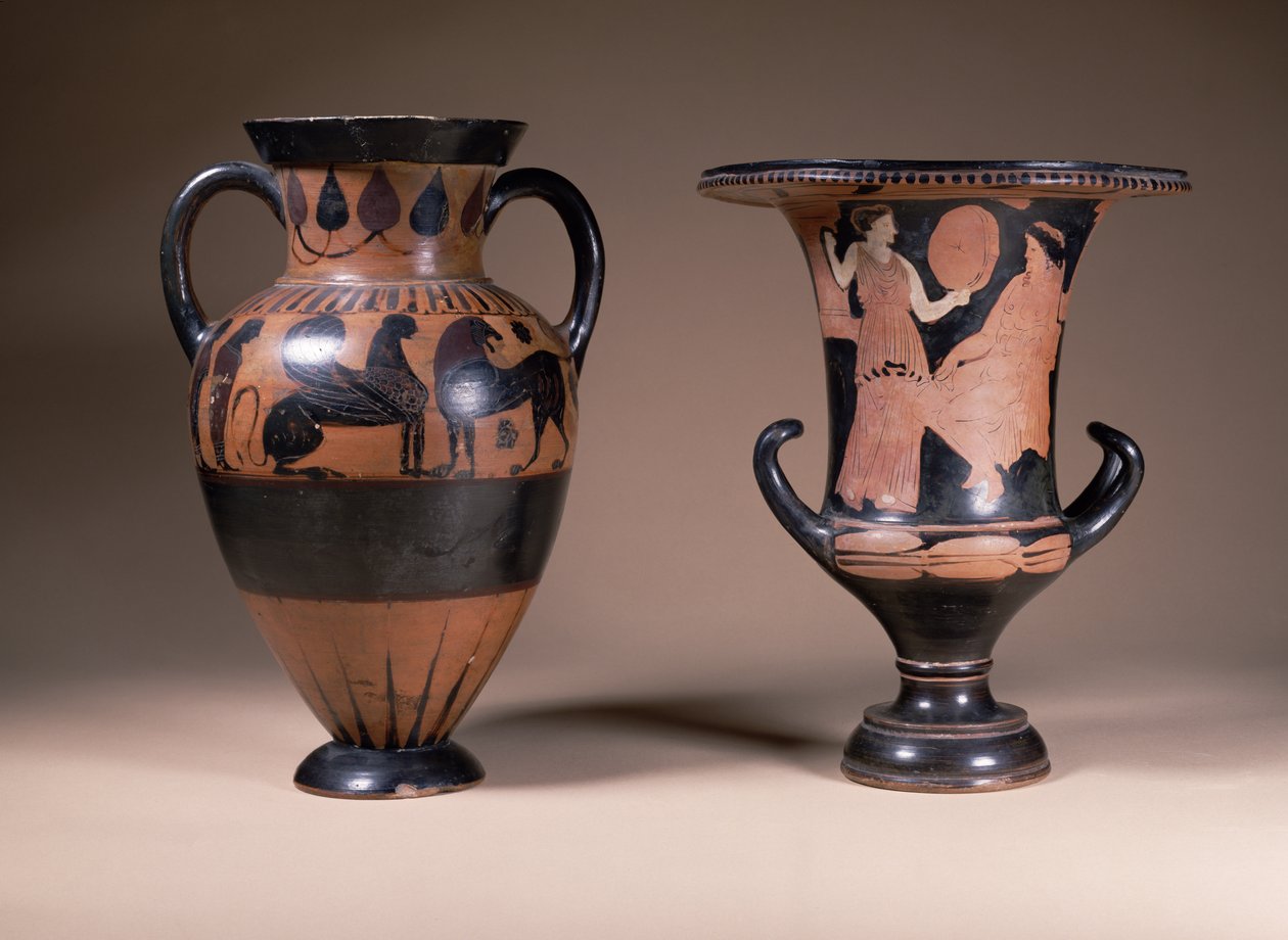 LtoR:orientalizing black-figure amphora, grego, século VI AC; red-figure calyx-krater, grego, sul da Itália, século IV AC (olaria) de Unbekannt