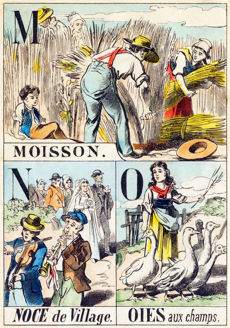 M N O : Moisson, Noce de village, Oies aux champs - "Alfabeto da fazenda" final do século XIX (gravura) de Unbekannt