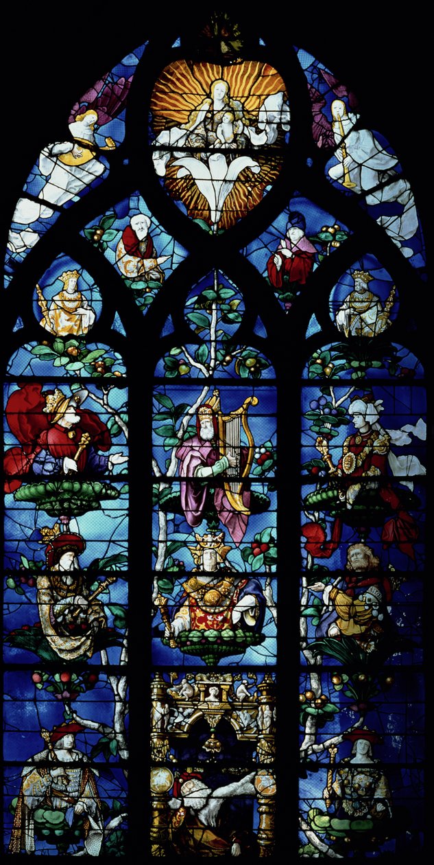 Madonna e Child com anjos e retratos refletindo o patrocínio de um patrono episcopal local, século XIII (vitral) de Unbekannt