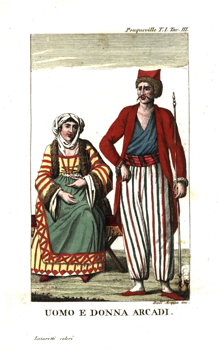 Homem e mulher da Arcádia, no Peloponeso, Grécia. Ilustração de Viagens de François Pouqueville por More, Albânia e várias outras partes do Império Otomano de Unbekannter Künstler