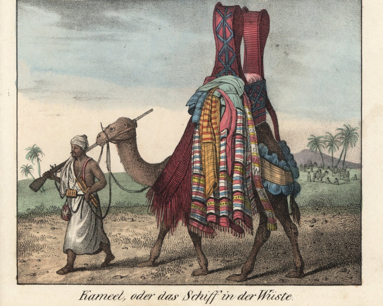 Homem do Norte de África, armado de um mosquete, conduzindo um camelo carregado de cobertores. Litografia para o livro: "Galerie complete en tableaux fideles des peuples d