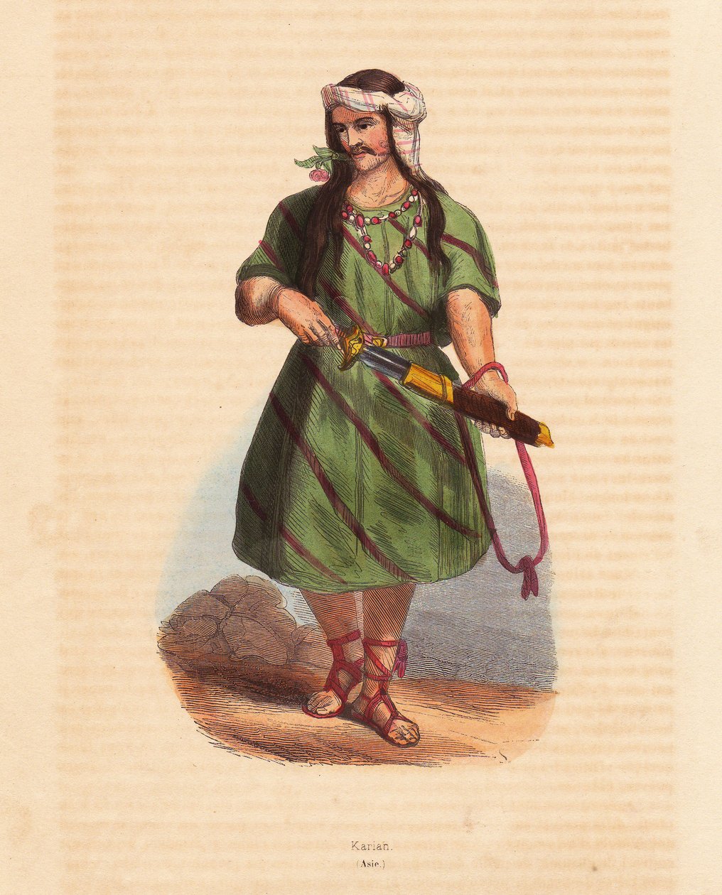 Homem da tribo Karen (Karene ou Karyang) (Birmânia, Myanmar) - Homem da tribo Karen (Karian) do sul da Birmânia - Xilogravura colorida da obra "Mores, Uses et Costumes de tous les Peoples du Monde, Asia", de Auguste Wahlen, pseudónimo de Jean Francois Nico de Unbekannter Künstler