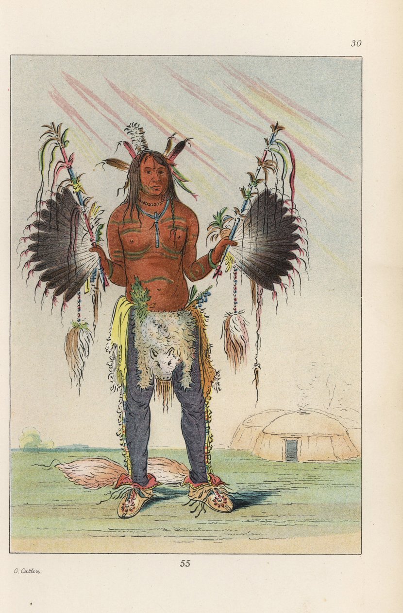 O curandeiro mandan Mah-to-he-hah, o Velho Urso, pintado com várias cores, gordura de urso e carvão, segurando cachimbos medicinais com penas e usando caudas de raposa nos calcanhares. Litografia colorida à mão da obra de George Catlin Manners, Customs and de Unbekannter Künstler