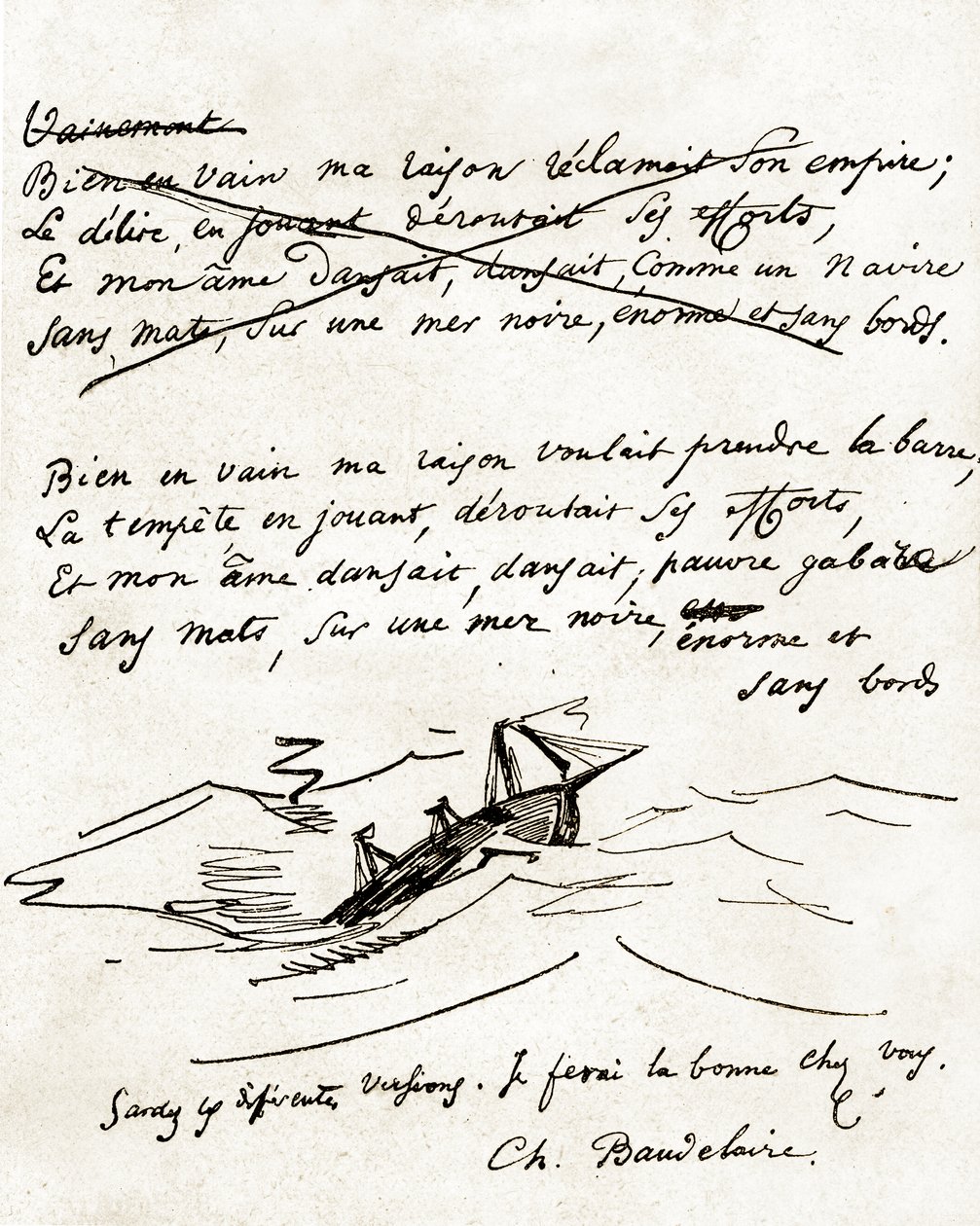 Manuscrito de Charles Baudelaire, ilustrado com um desenho de um barco de Unbekannter Künstler