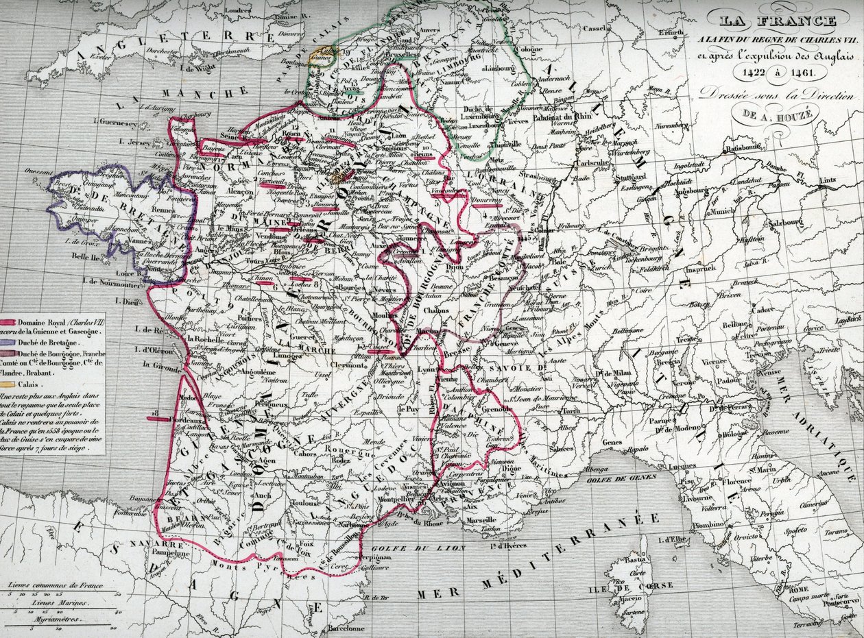 Mapa de França no tempo do rei Carlos VII e após a expulsão dos ingleses entre 1422 e 1461 (Mapa de França no tempo do rei Carlos VII) Placa do "Atlas Universel" de Houze de Unbekannter Künstler