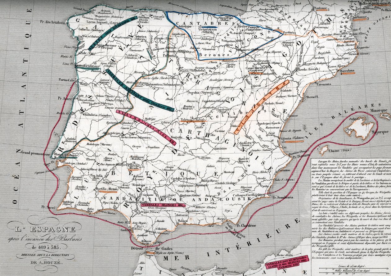 Mapa de Espanha na época da Hispânia germânica, 409-585 (Mapa de Espanha na época da Hispânia germânica) Gravura do "Atlas Universel" de Houze de Unbekannter Künstler