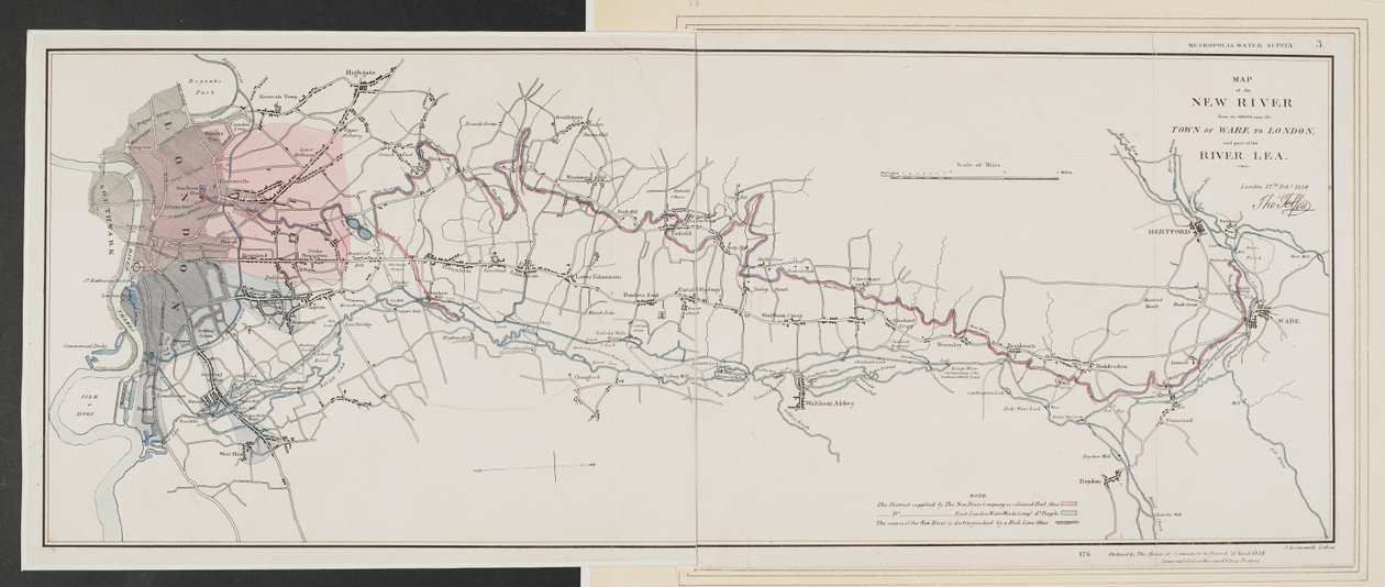 Mapa do Novo Rio desde a sua nascente perto da Cidade de Ware até Londres de Unbekannter Künstler
