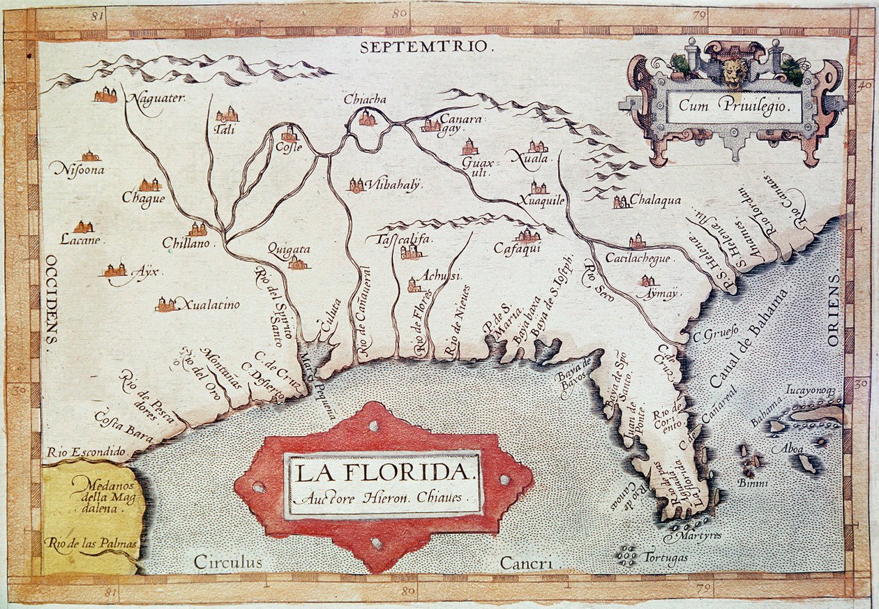 Mapeamento da "Flórida". Podemos ver o Trópico de Câncer, as Bahamas e as Ilhas Tortugas. No "Teatrum Orbis Terrarum" do cartógrafo Abraham Ortelius (1527-1598) de Unbekannter Künstler