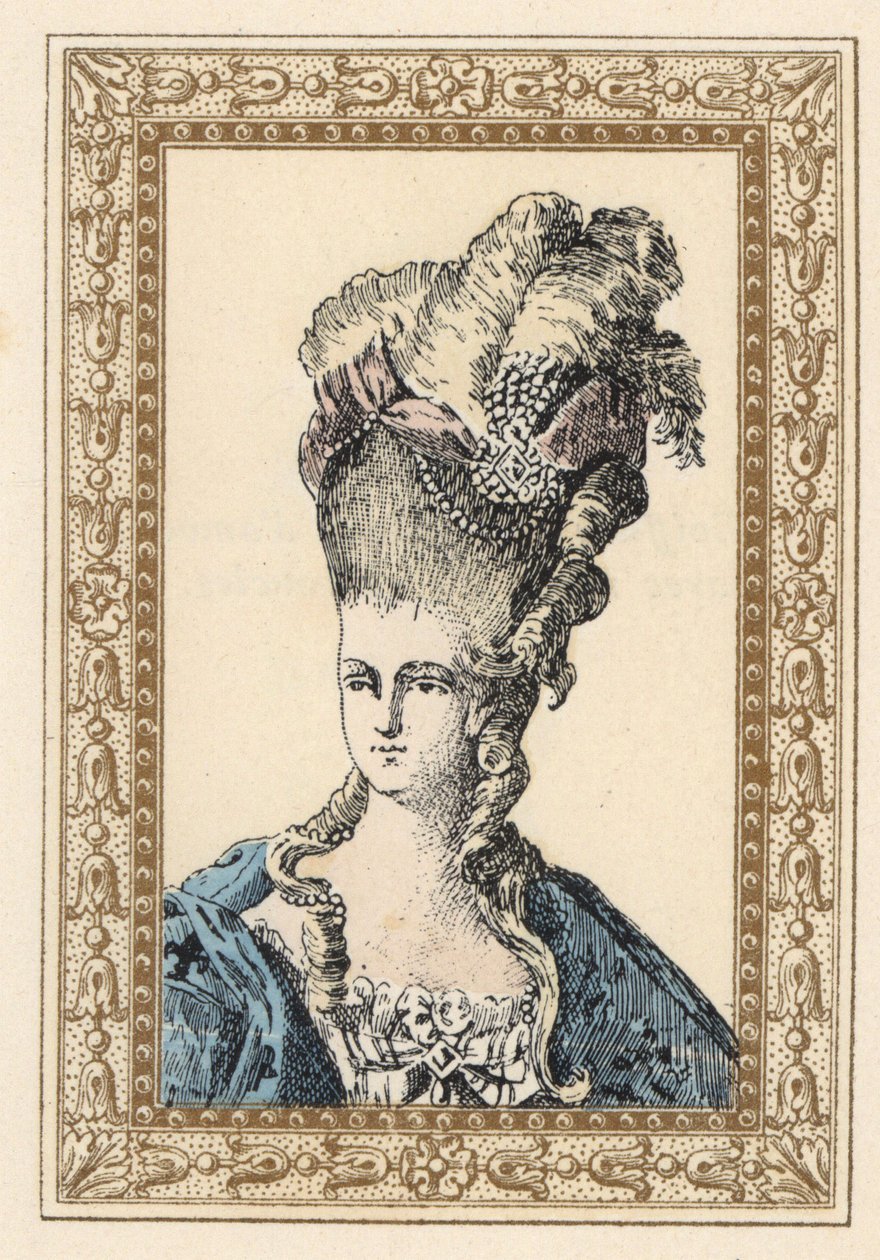Maria Antonieta, esposa do rei Luís XVI de França, com um penteado elaborado, coroado de fitas e pérolas de Unbekannter Künstler