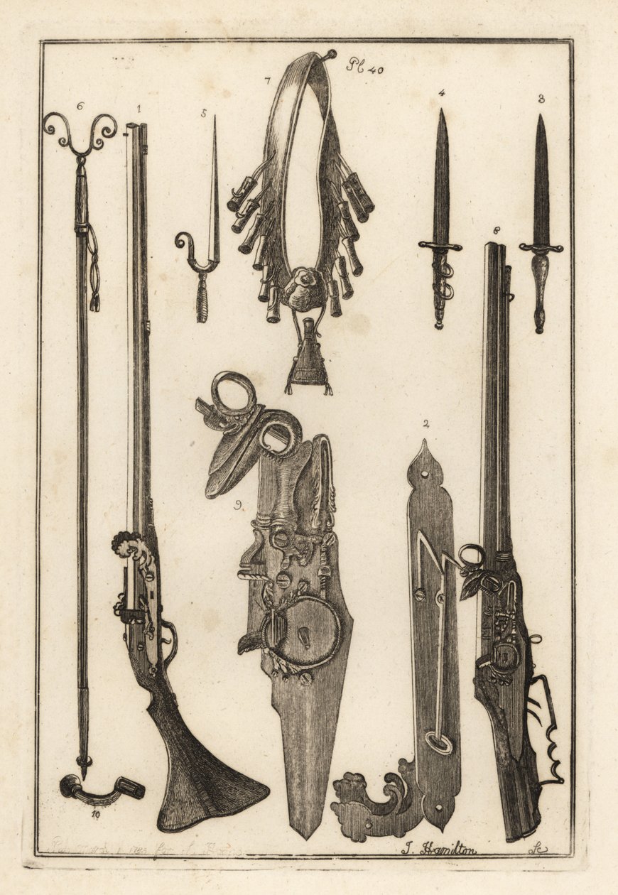 Mosquete Matchlock, cadeado e baioneta da Torre de Londres 1-3, baioneta 4, descanso de mosquete e baioneta 5, descanso de mosquete 6, bandiletes e frasco de pó 7, cadeado de roda 8,9 e chave de porcas 10 de Unbekannt