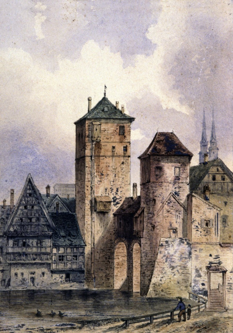 Cidade medieval no Reno, c.1850-1900 (aguarela) de Unbekannter Künstler